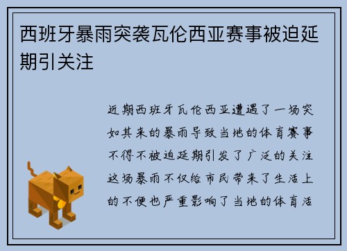 西班牙暴雨突袭瓦伦西亚赛事被迫延期引关注 西班牙暴雨突袭瓦伦西亚赛事被迫延期引关注