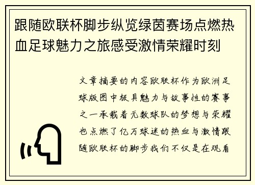跟随欧联杯脚步纵览绿茵赛场点燃热血足球魅力之旅感受激情荣耀时刻